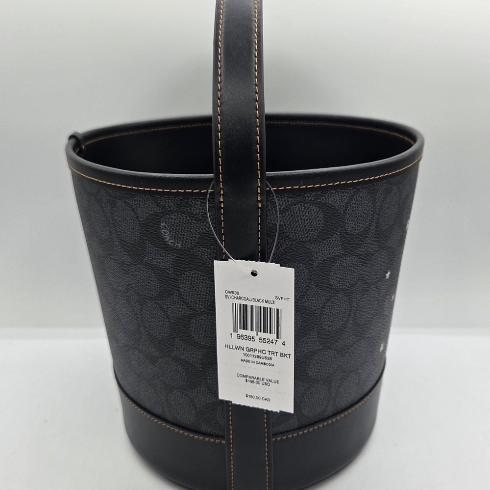 Coach Halloween Bucket Tote Bag C Logo AOP Cat & Moon Stars CW536 Black & Gray - Picture 4 of 9